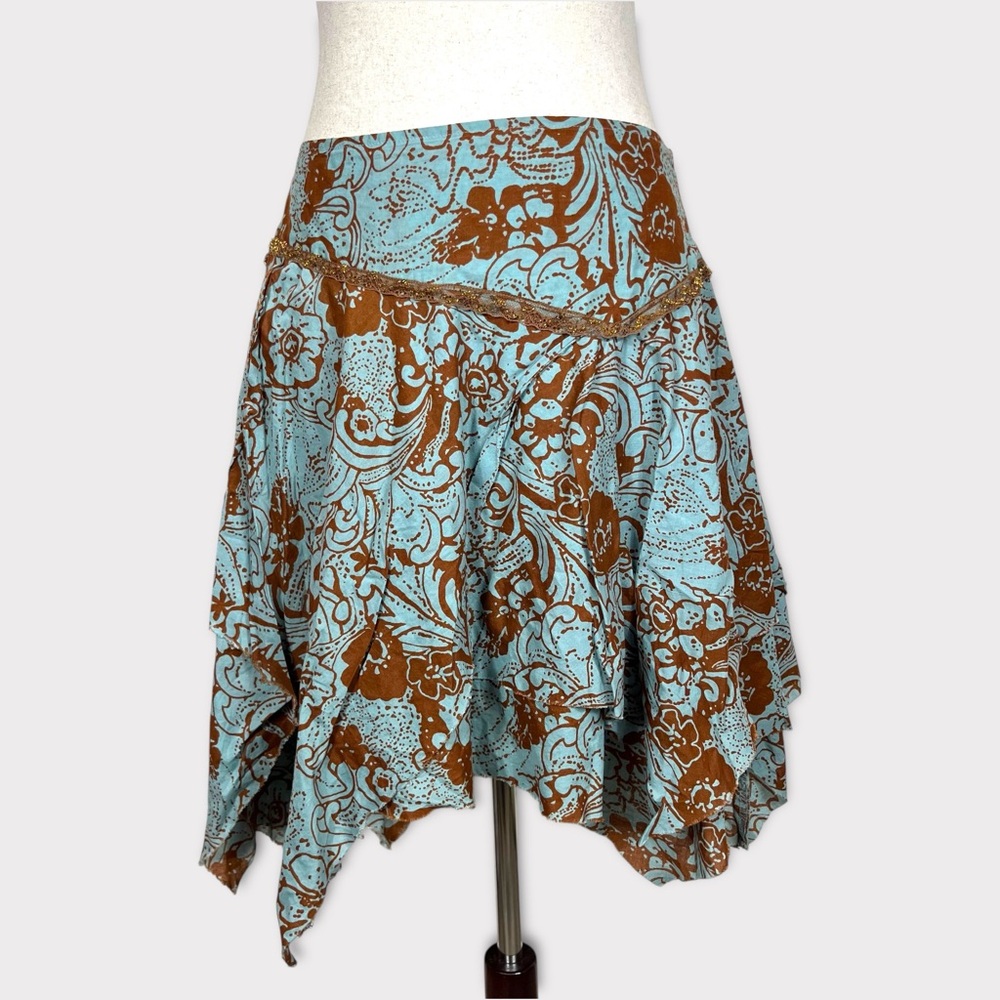 Dkny Beaded Lace Trim Asymmetrical Hem Skirt 11 Fairy Grunge Boho Y2k Teal Brown